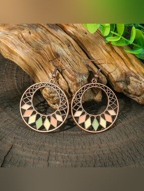 Copper Tone Hoop Earrings with Pastel Peach and Green Inlay - Women Jewelry